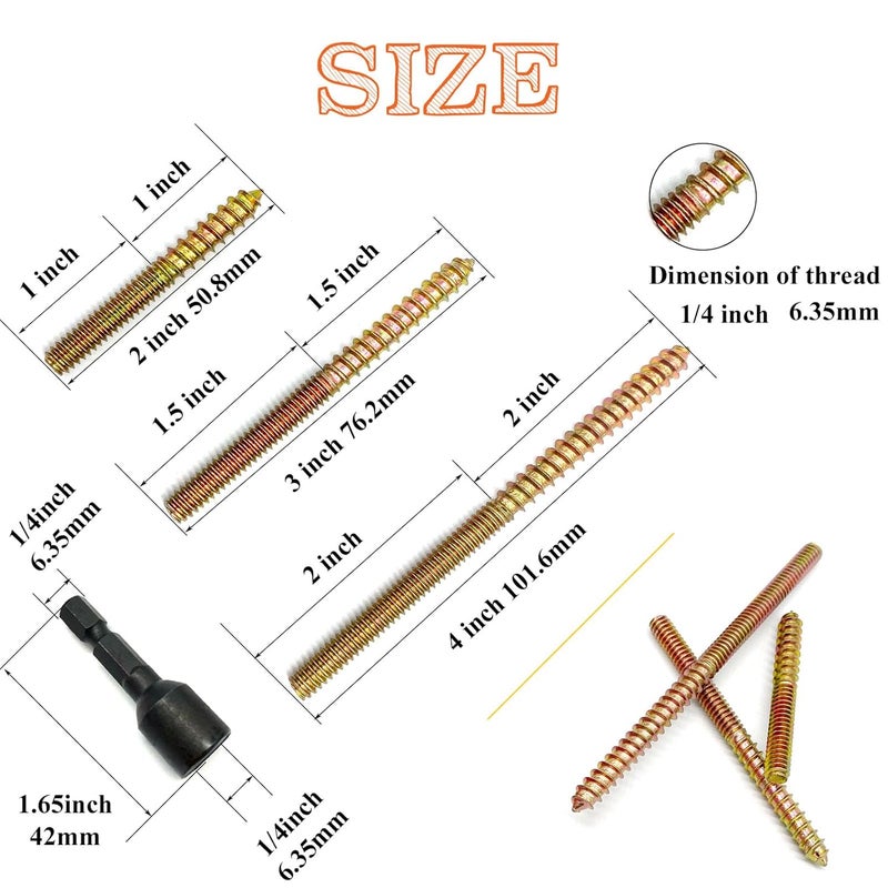 Matrelt 29 Pack 1/4-20" Hanger Bolts 3Sizes 2-4 Inch Include1 pcs Hanger Bolt Driver Double Headed Bolts Wood Dowel Screw Self-Tapping Screw for Furniture Screws Wood Screws Double Threaded Rods - Image 2